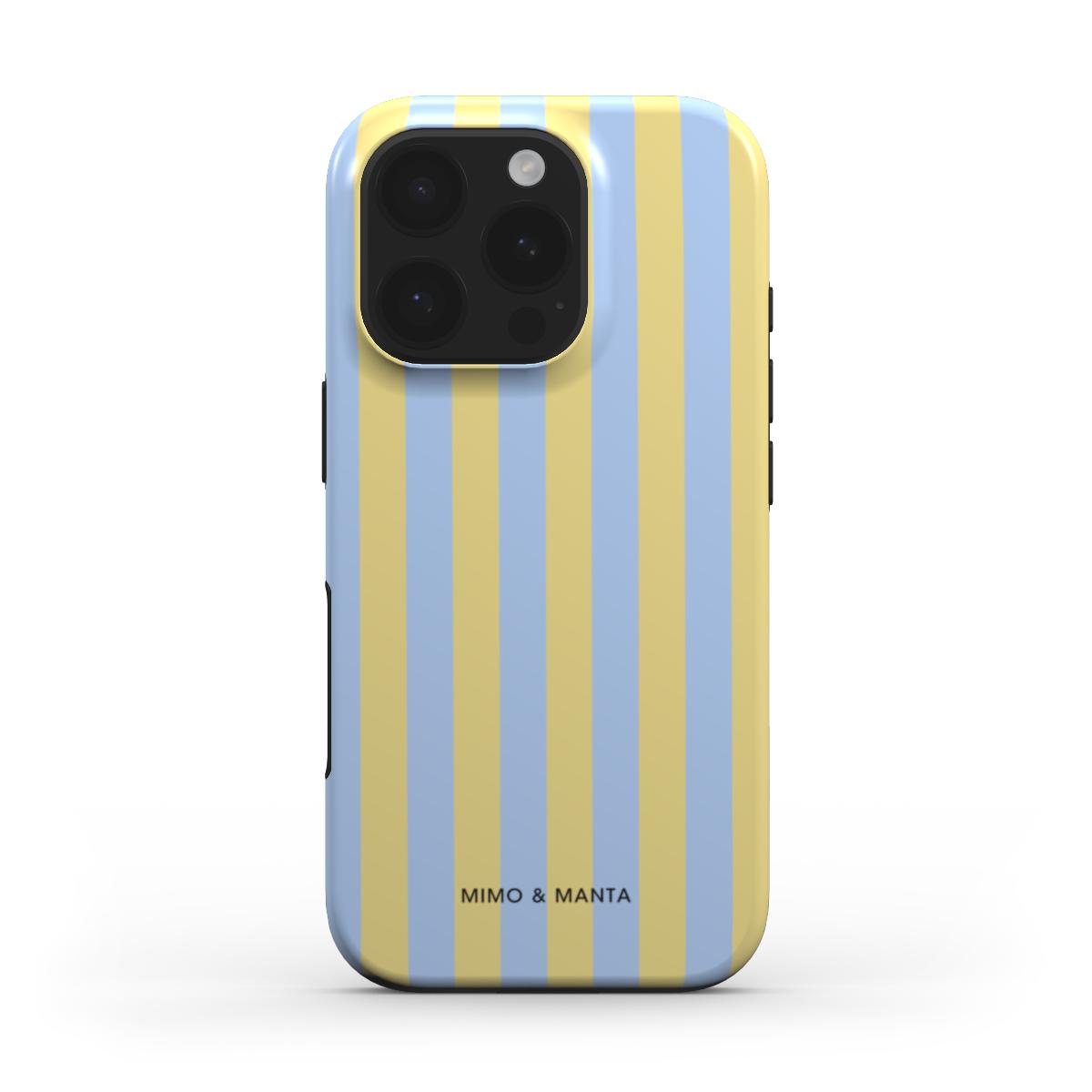funda de móvil rayas azul y amarillo personalizable de frente