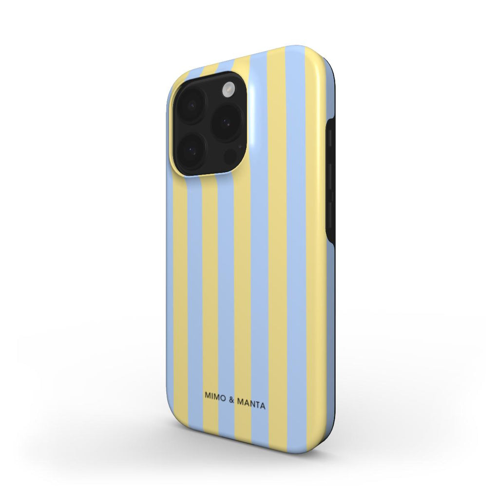 funda de móvil rayas azul y amarillo personalizable de lado