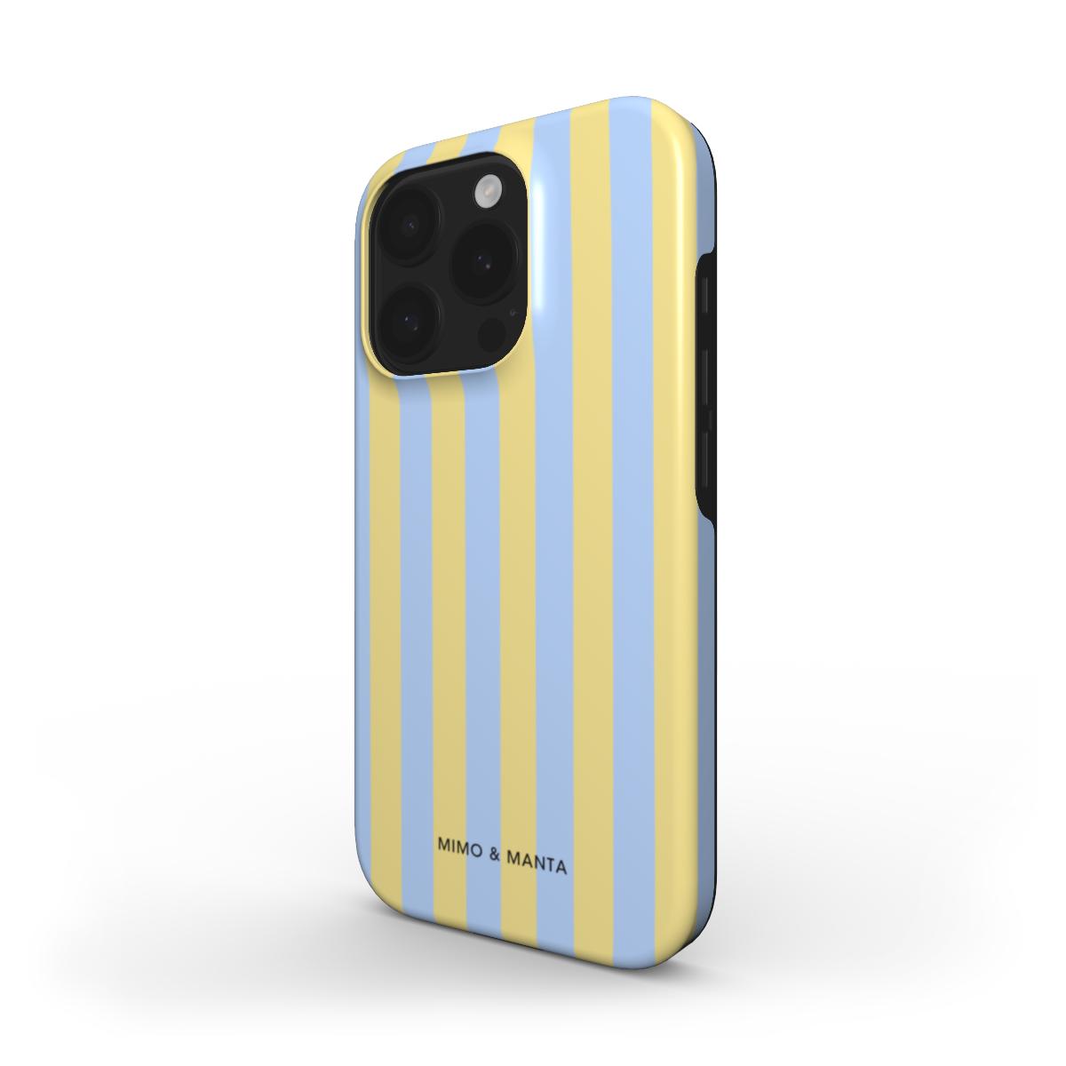 funda de móvil rayas azul y amarillo personalizable de lado