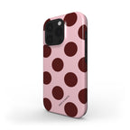 funda de móvil topos grandes marrón y rosa de lado