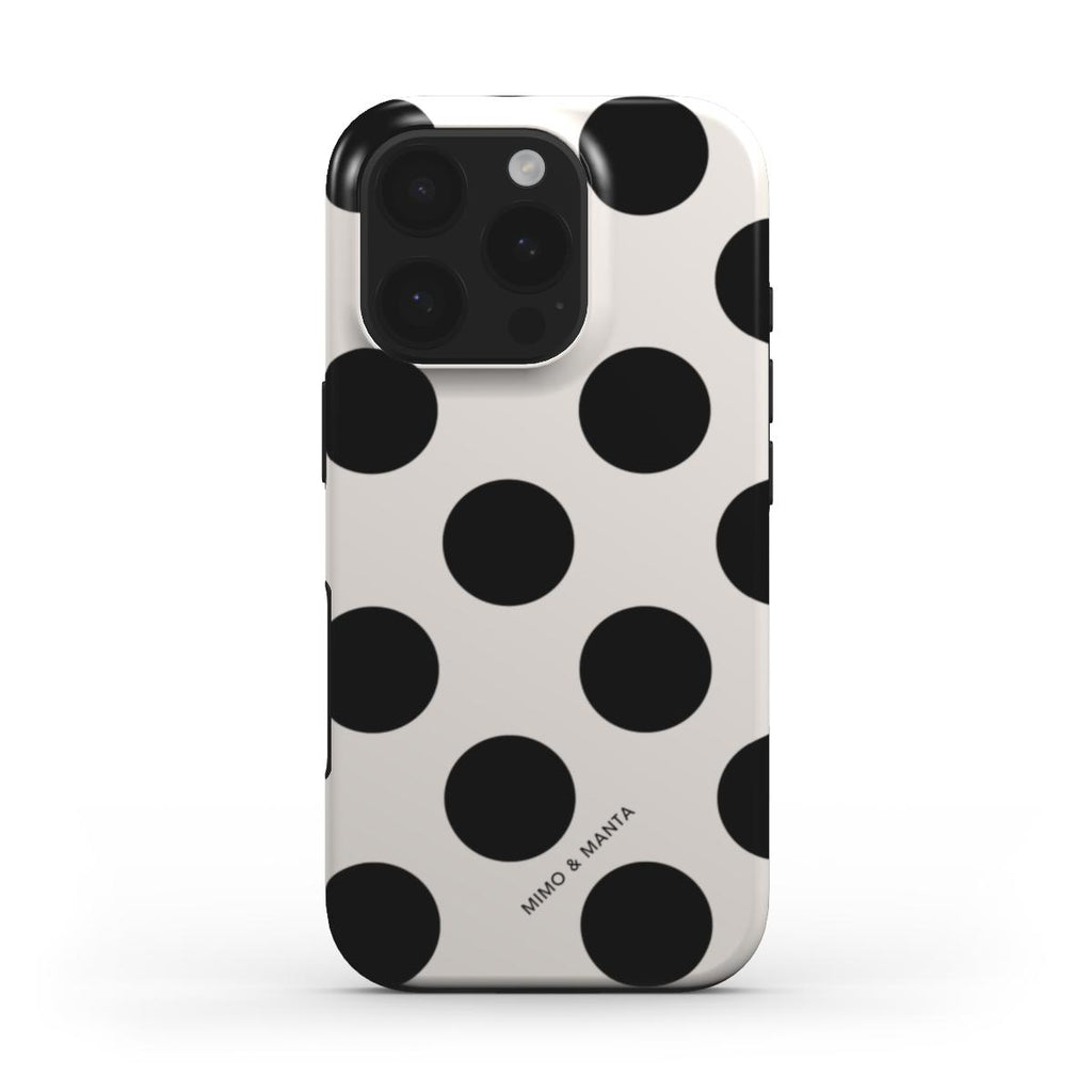 funda de móvil topos grandes color negro y blanco de frente