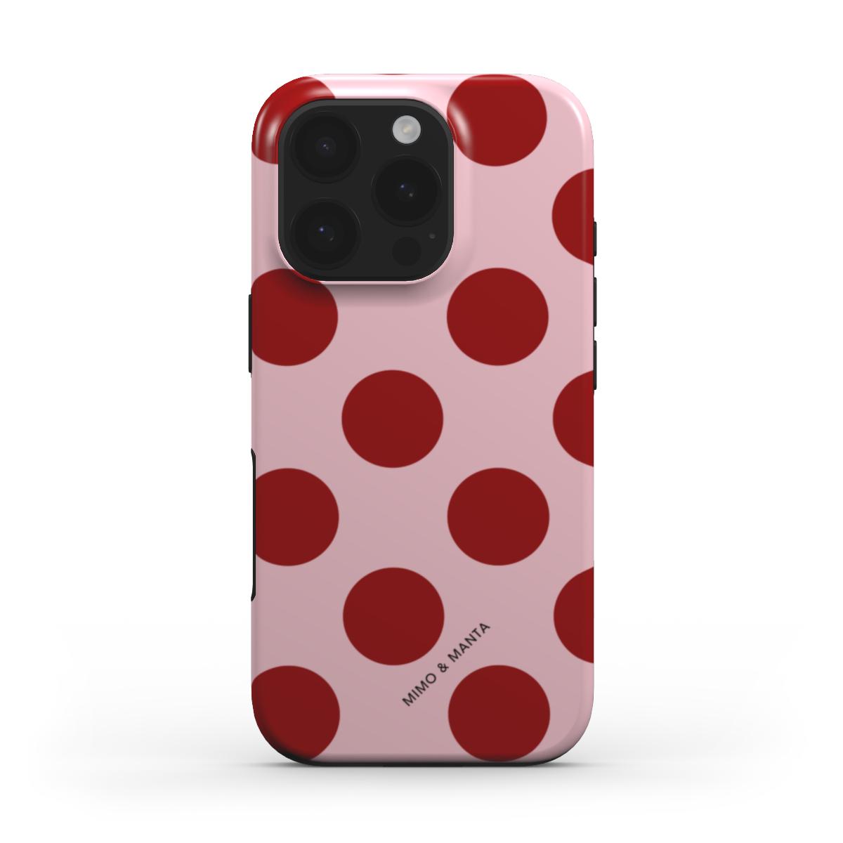 funda de móvil topos grandes color rojo y rosa de frente