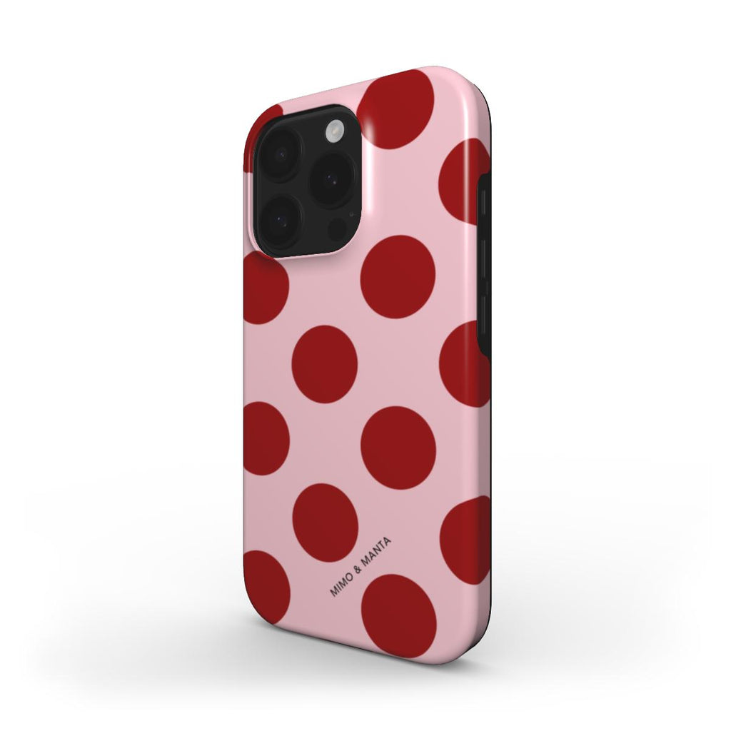 funda de móvil topos grandes color rojo y rosa de lado