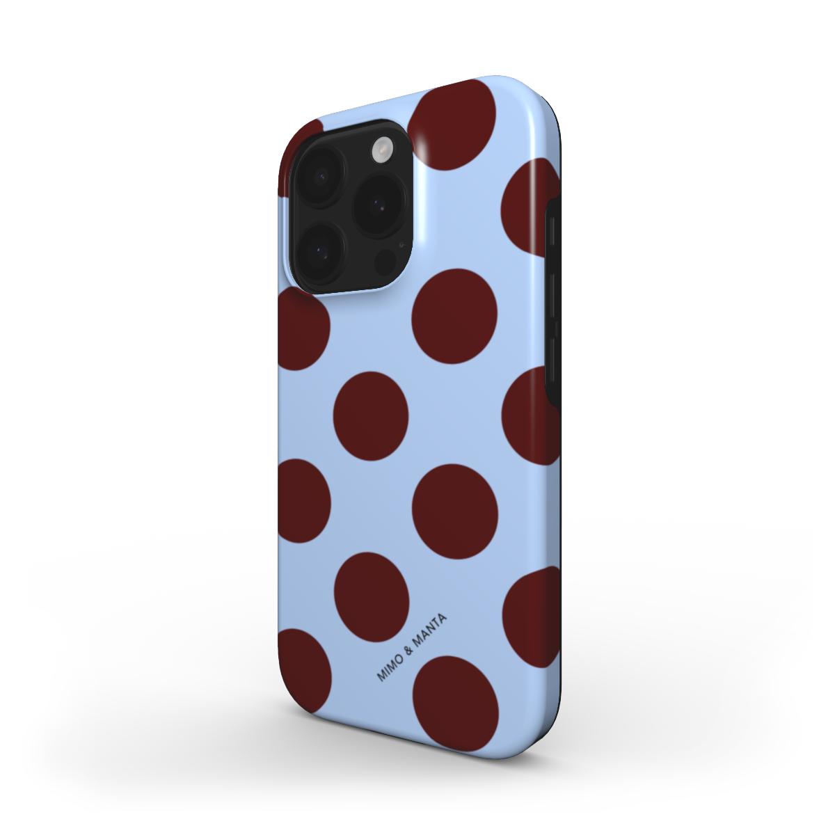funda de móvil topos grandes vino y azul de lado